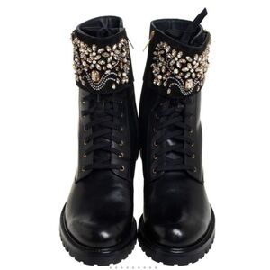 Rare Rene Caovilla Black Crystal Embellished Suede Combat Boots Size 38.5